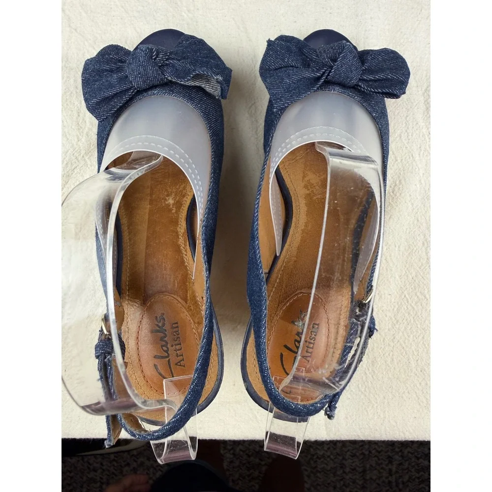 Clarks Slingback Wedges Womens 9M Blue Good Condition Denim Bow Peep Toe 60705
